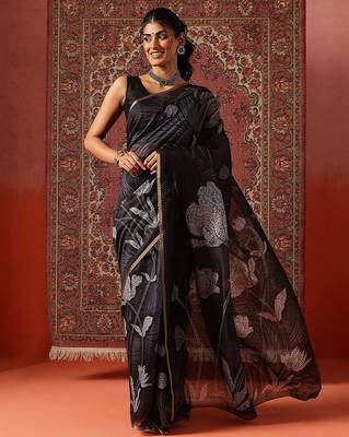 Black printed cotton blend ethnic saree with blouse piece 2