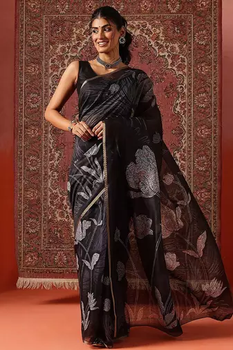 Black printed cotton blend ethnic saree with blouse piece