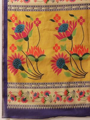 Yellow printed cotton blend ethnic saree with blouse piece 4