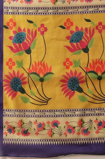 Yellow printed cotton blend ethnic saree with blouse piece