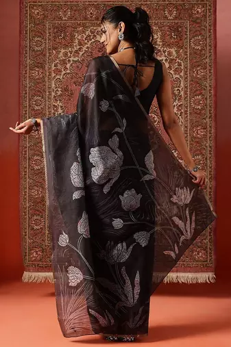 Black printed cotton blend ethnic saree with blouse piece