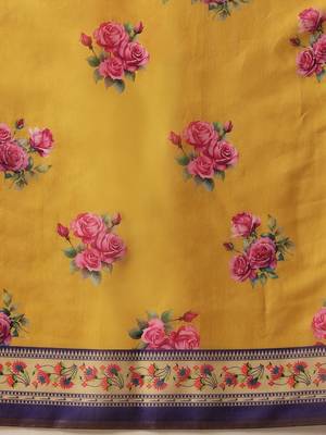 Yellow printed cotton blend ethnic saree with blouse piece 5