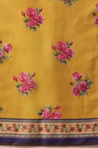 Yellow printed cotton blend ethnic saree with blouse piece