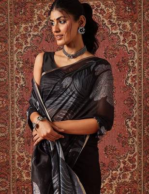 Black printed cotton blend ethnic saree with blouse piece 4