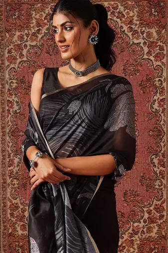 Black printed cotton blend ethnic saree with blouse piece