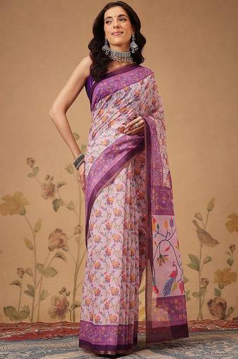 Pink printed cotton blend ethnic saree with blouse piece