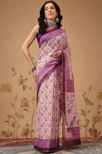 Pink printed cotton blend ethnic saree with blouse piece