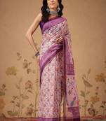 Pink printed cotton blend ethnic saree with blouse piece