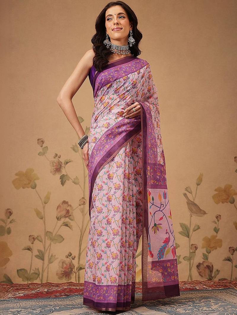 Pink printed cotton blend ethnic saree with blouse piece