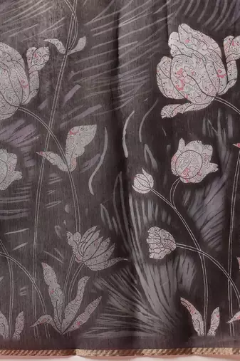 Black printed cotton blend ethnic saree with blouse piece