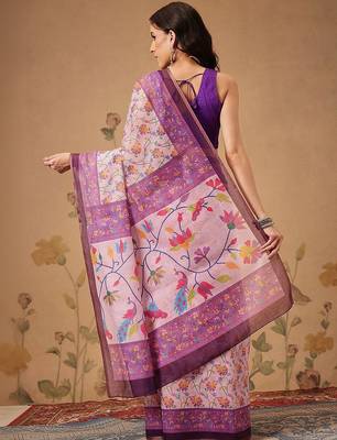 Pink printed cotton blend ethnic saree with blouse piece 2