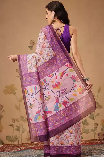 Pink printed cotton blend ethnic saree with blouse piece