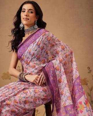 Pink printed cotton blend ethnic saree with blouse piece 3