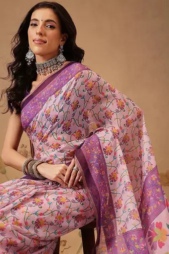 Pink printed cotton blend ethnic saree with blouse piece