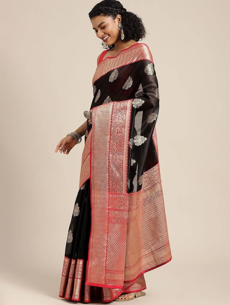 Black woven cotton blend traditional saree with blouse piece