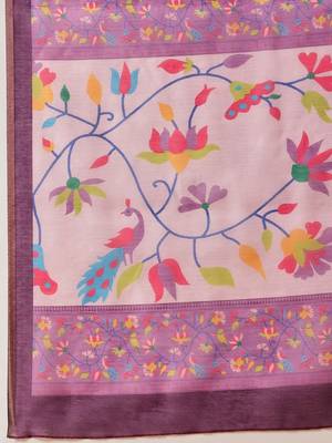 Pink printed cotton blend ethnic saree with blouse piece 4