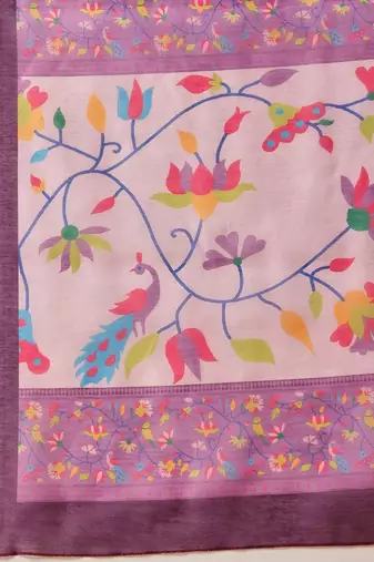 Pink printed cotton blend ethnic saree with blouse piece