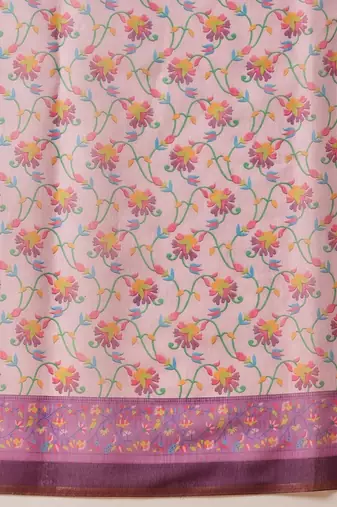 Pink printed cotton blend ethnic saree with blouse piece
