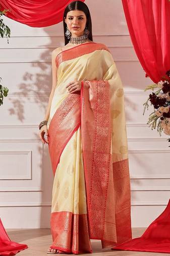 Cream woven art silk traditional saree with blouse piece