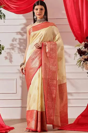 Cream woven art silk traditional saree with blouse piece