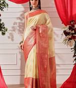 Cream woven art silk traditional saree with blouse piece