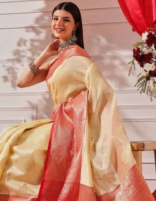 Cream woven art silk traditional saree with blouse piece 2