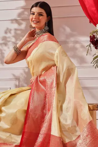 Cream woven art silk traditional saree with blouse piece