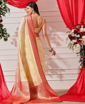 Cream woven art silk traditional saree with blouse piece 3