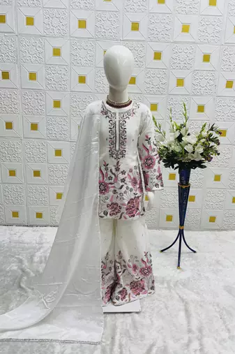off white heavy chinon silk salwar suit set with embroidery sequence work - designer party wear