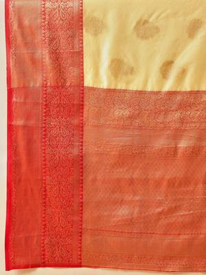 Cream woven art silk traditional saree with blouse piece 5