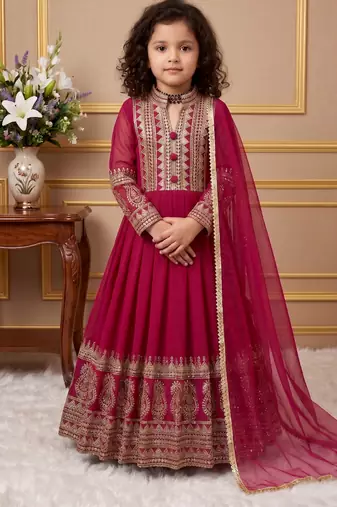 Dark pink heavy fox georgette gown set with embroidery sequence work - designer party wear