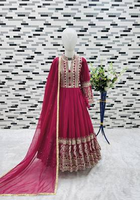 Dark pink heavy fox georgette gown set with embroidery sequence work - designer party wear 4