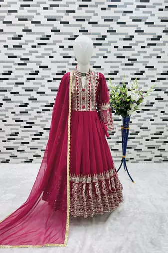 Dark pink heavy fox georgette gown set with embroidery sequence work - designer party wear