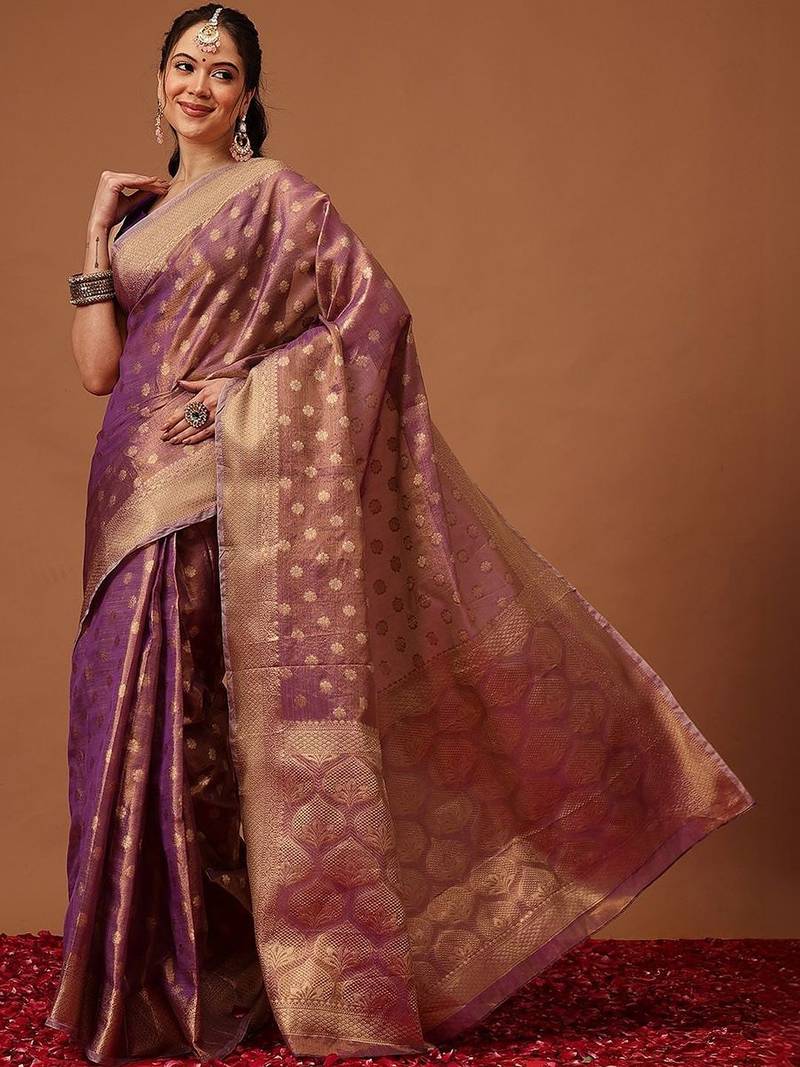 Purple woven tissue party wear saree with blouse piece