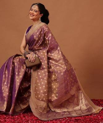 Purple woven tissue party wear saree with blouse piece 3