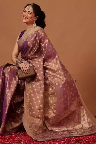 Purple woven tissue party wear saree with blouse piece