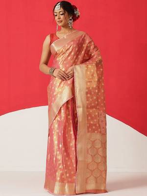 Pink woven tissue party wear saree with blouse piece 1