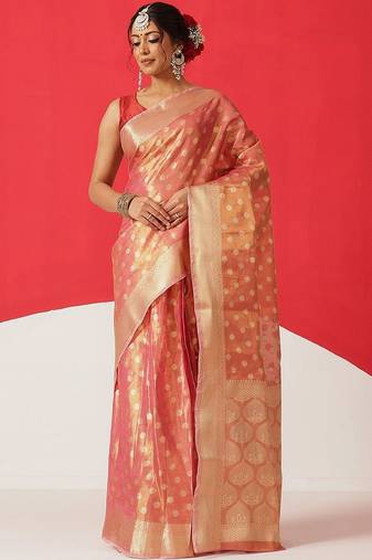 Pink woven tissue party wear saree with blouse piece