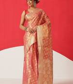 Pink woven tissue party wear saree with blouse piece