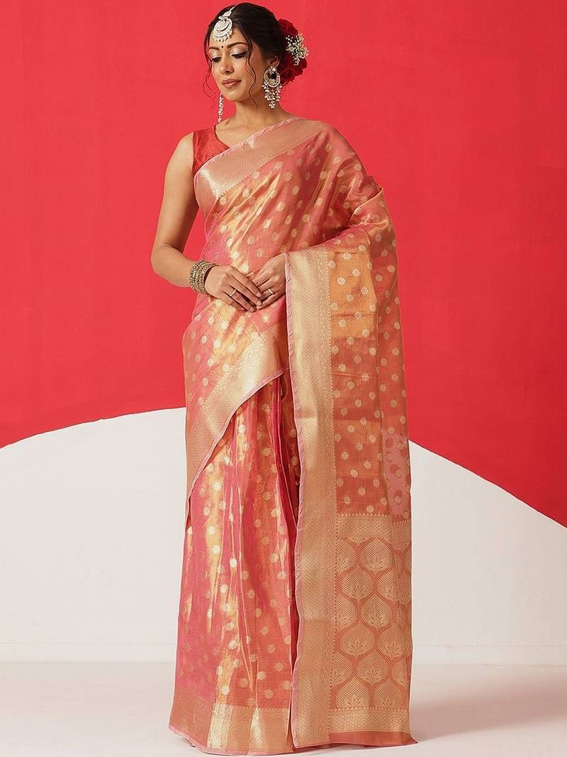 Pink woven tissue party wear saree with blouse piece