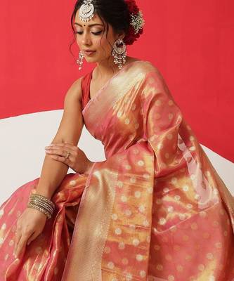 Pink woven tissue party wear saree with blouse piece 2