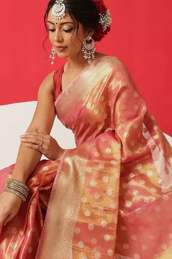 Pink woven tissue party wear saree with blouse piece