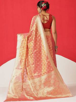 Pink woven tissue party wear saree with blouse piece 3