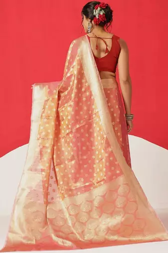 Pink woven tissue party wear saree with blouse piece