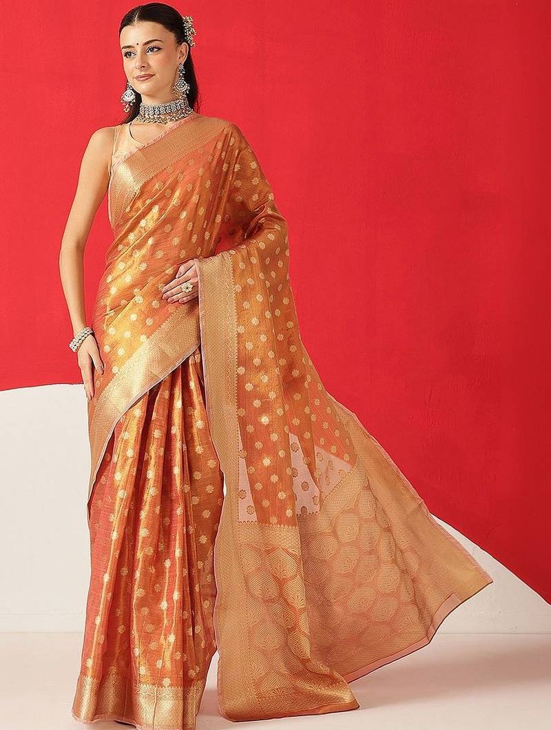 Copper woven tissue party wear saree with blouse piece