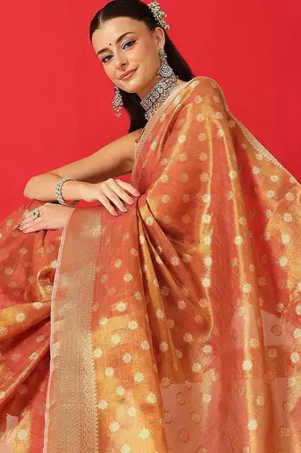 Copper woven tissue party wear saree with blouse piece
