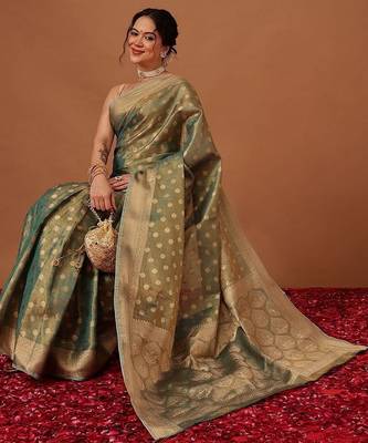 Teal woven tissue party wear saree with blouse piece 1