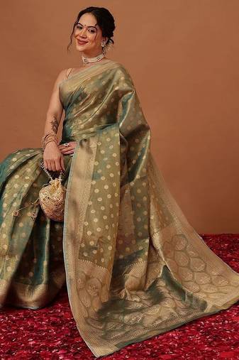 Teal woven tissue party wear saree with blouse piece