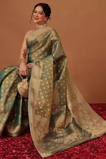 Teal woven tissue party wear saree with blouse piece