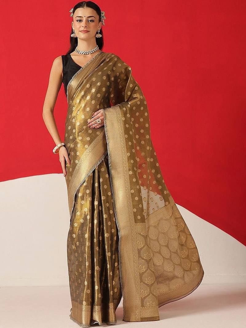 Olive woven tissue party wear saree with blouse piece